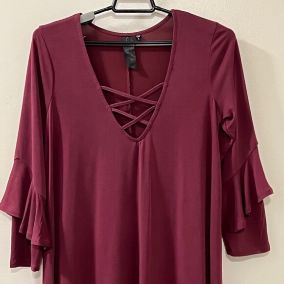 Womens Chic Burgundy Deep V-neck Criss Cross LS Swing Shift Dress Size Large - Picture 3 of 12